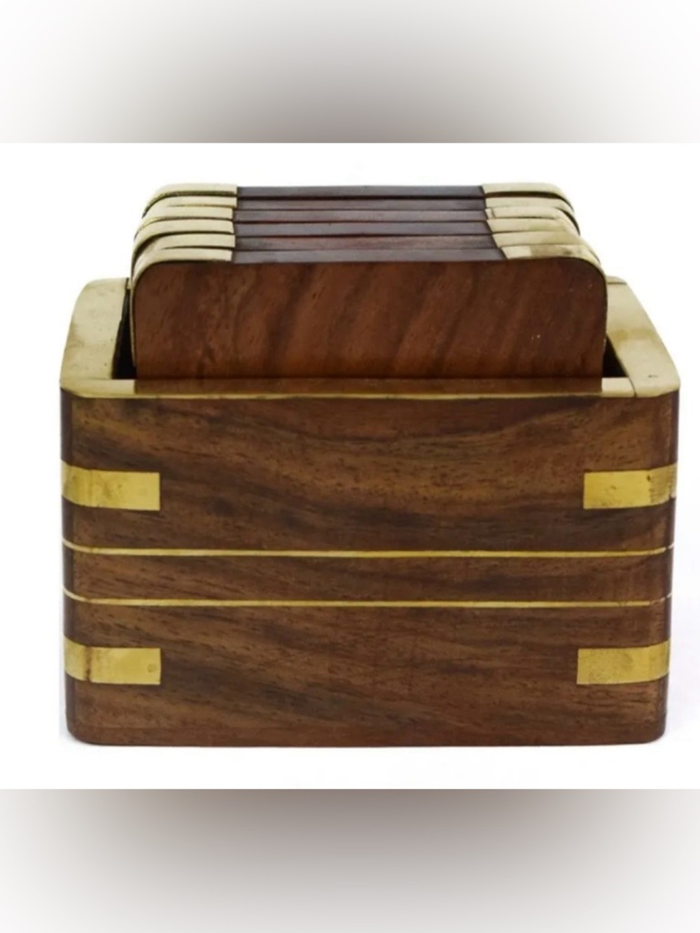 MCM Style Wooden Drink Coasters With Inlaid Brass Details Set of 6